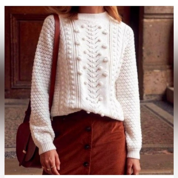 Sezane Cream Popcorn Cable knit 100% soft wool sweater pullover jumper Sz XS - Picture 14 of 15